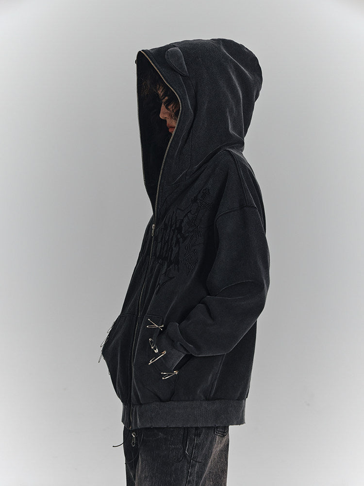 Cat Ear Safety Pin Oversize Zipper Hoodie