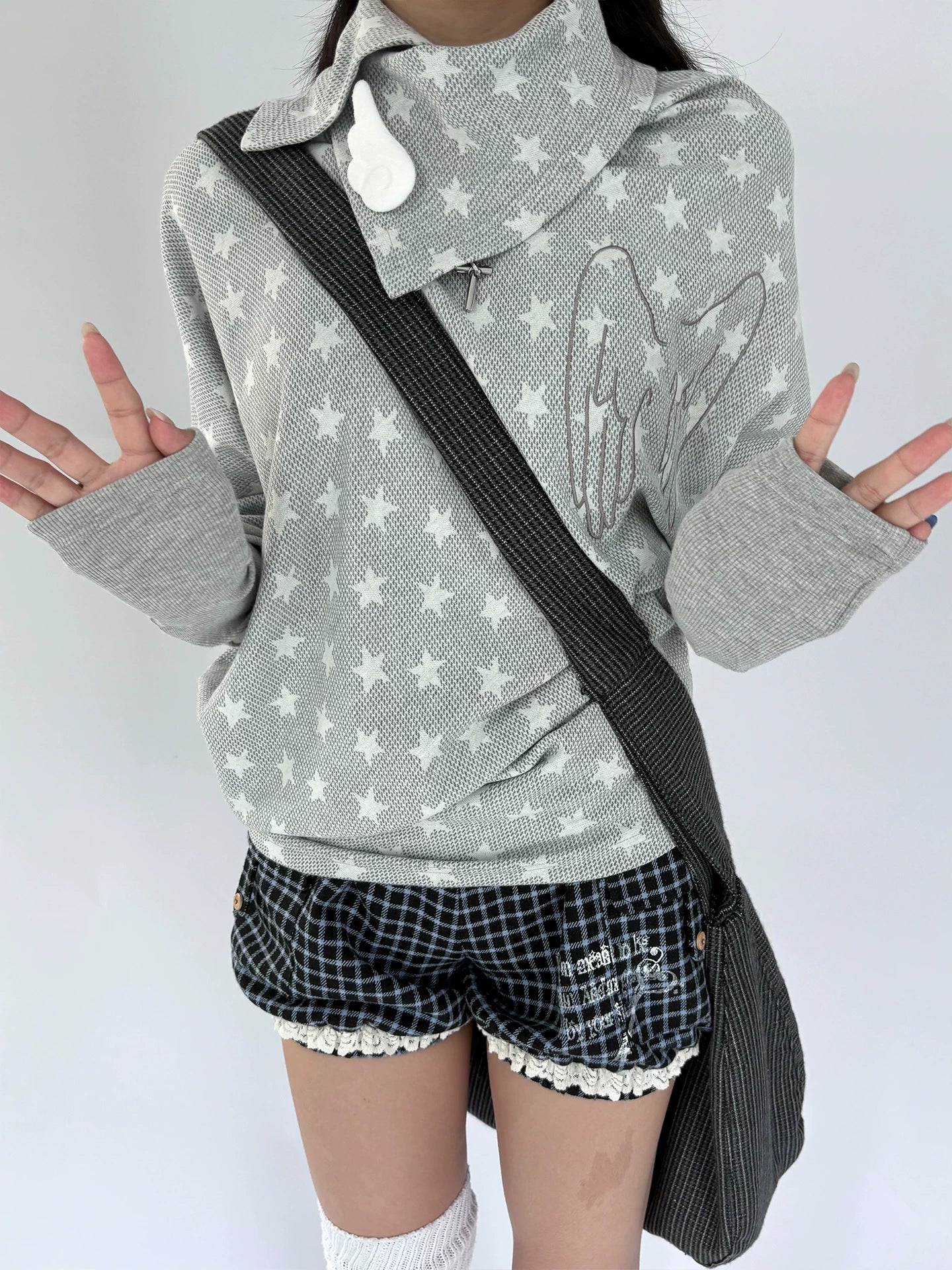 Star Print Asymmetrical High-Neck Long Sleeve T-Shirt
