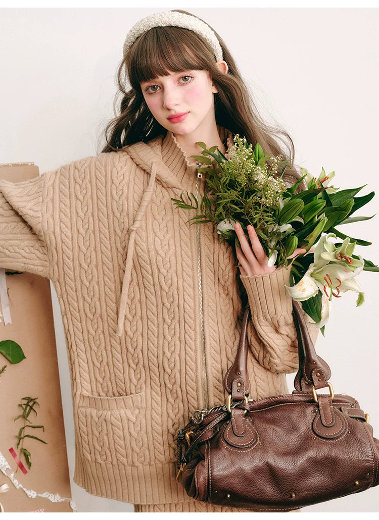Bunny Hare Ear Hooded Zipper Knit Cardigan & Knit Skirt Setup