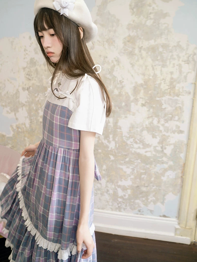 Bow Check Lace Camisole Dress
