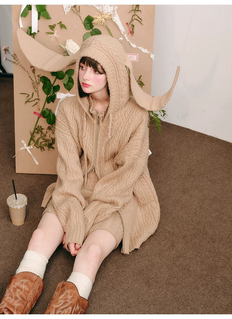 Bunny Hare Ear Hooded Zipper Knit Cardigan & Knit Skirt Setup
