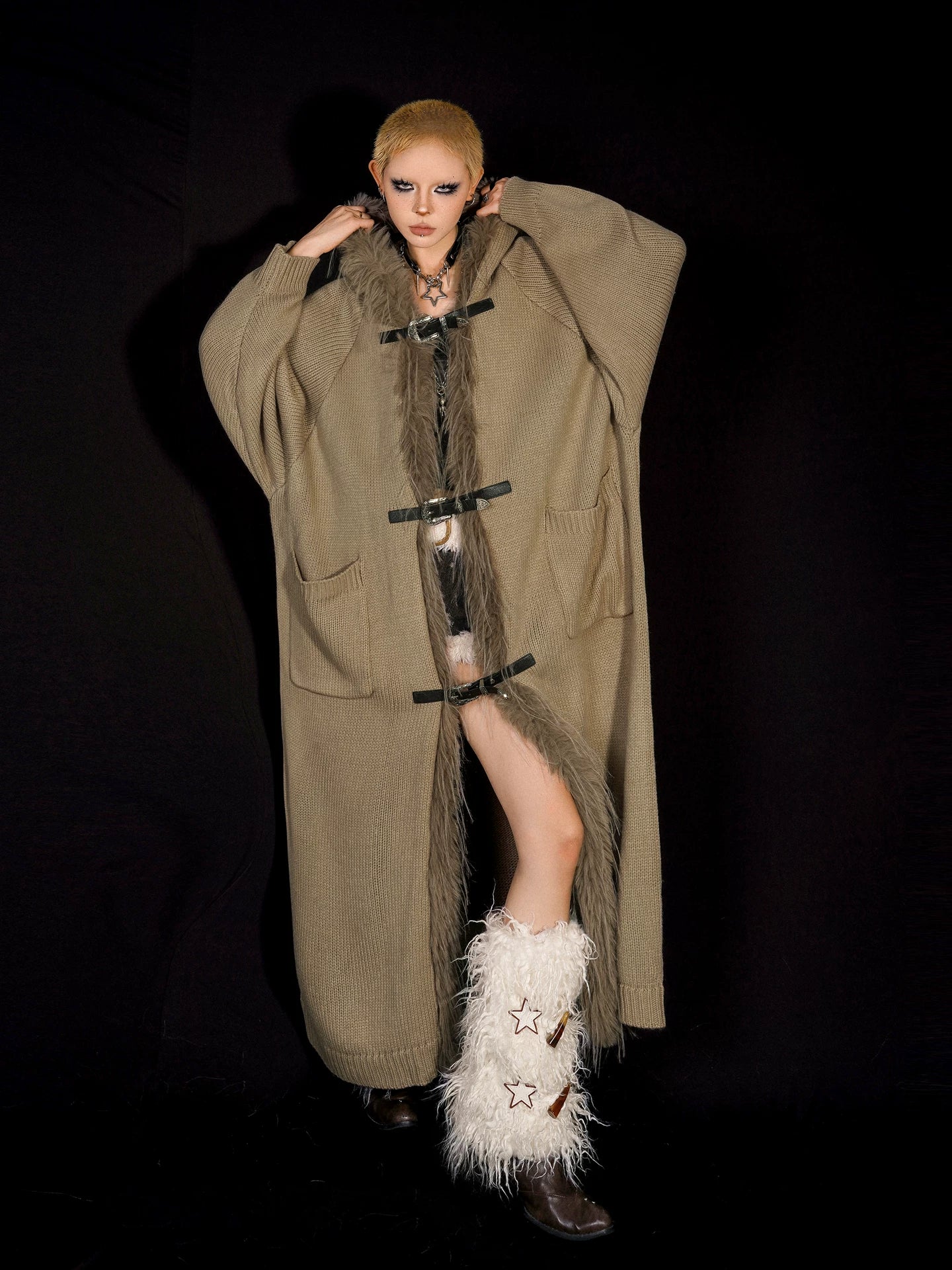 Fake Fur Collar Oversize Knit Coat