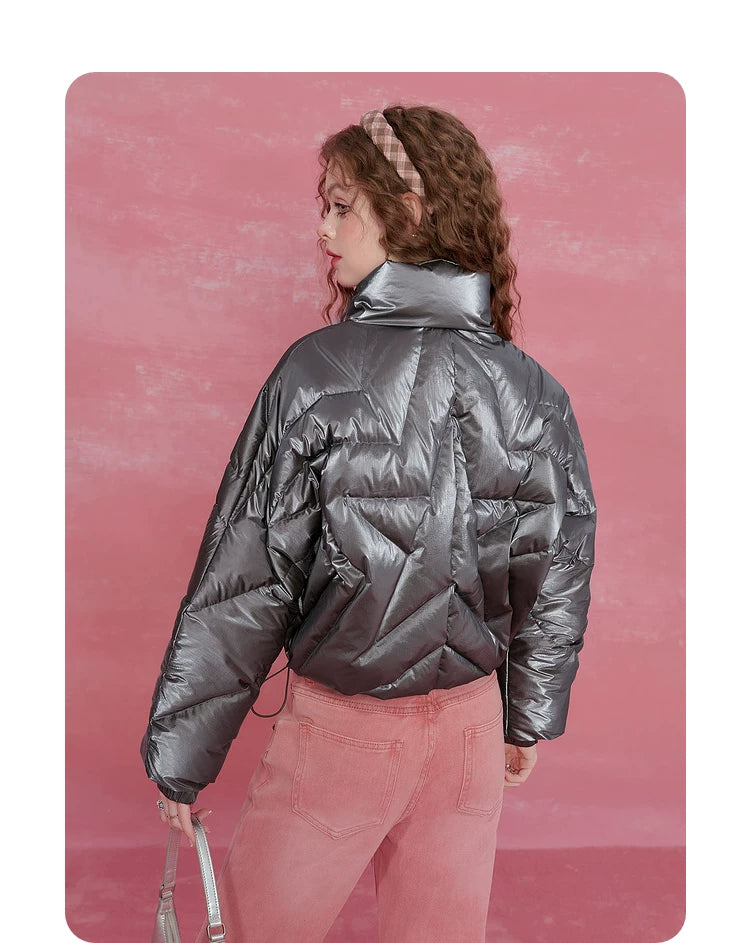 Star-Stitch Stand Neck Short White Duck Down Jacket