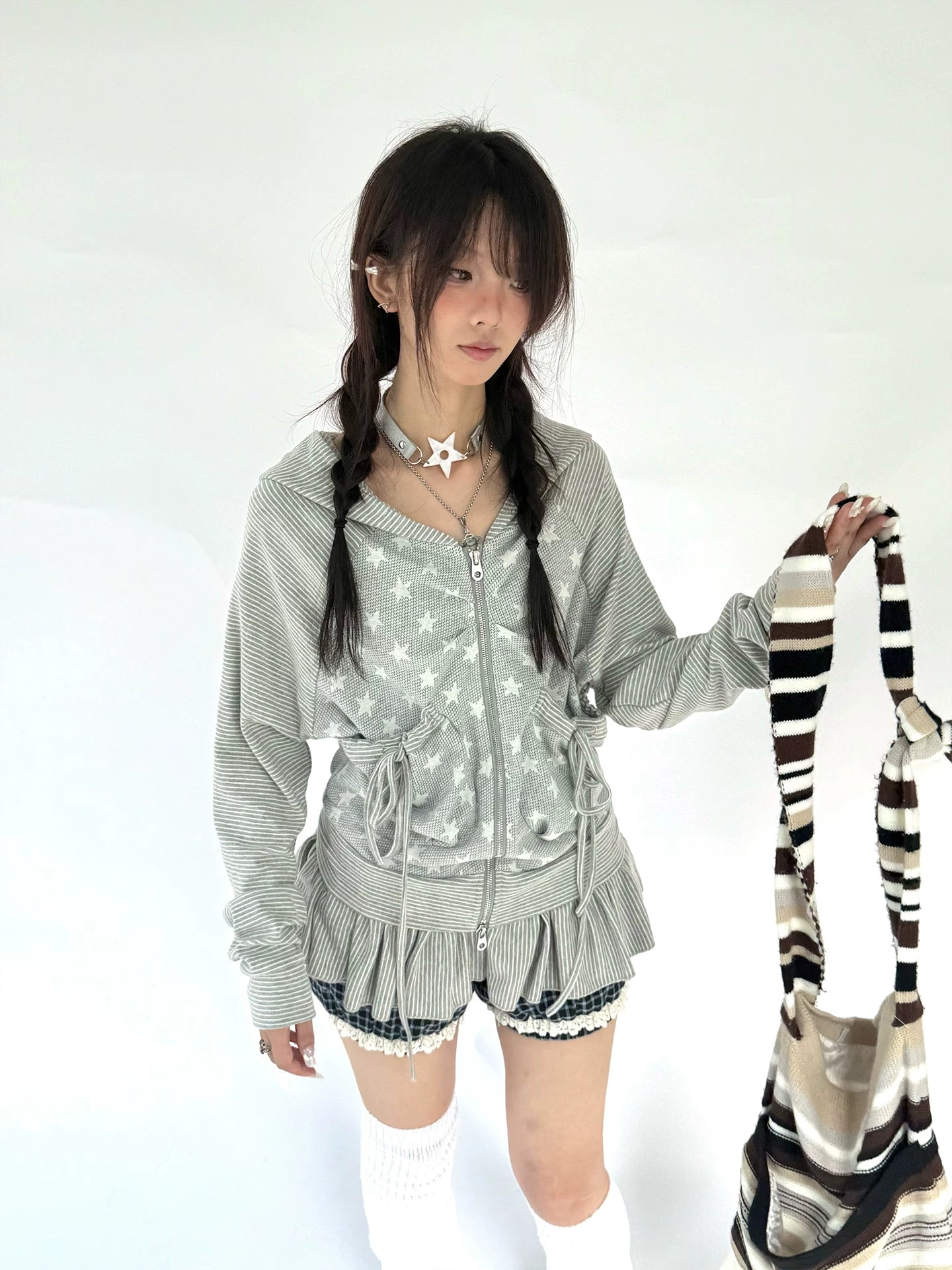 Striped Patchwork Hooded Drawstring Ruffle Jacket & Skirt Setup