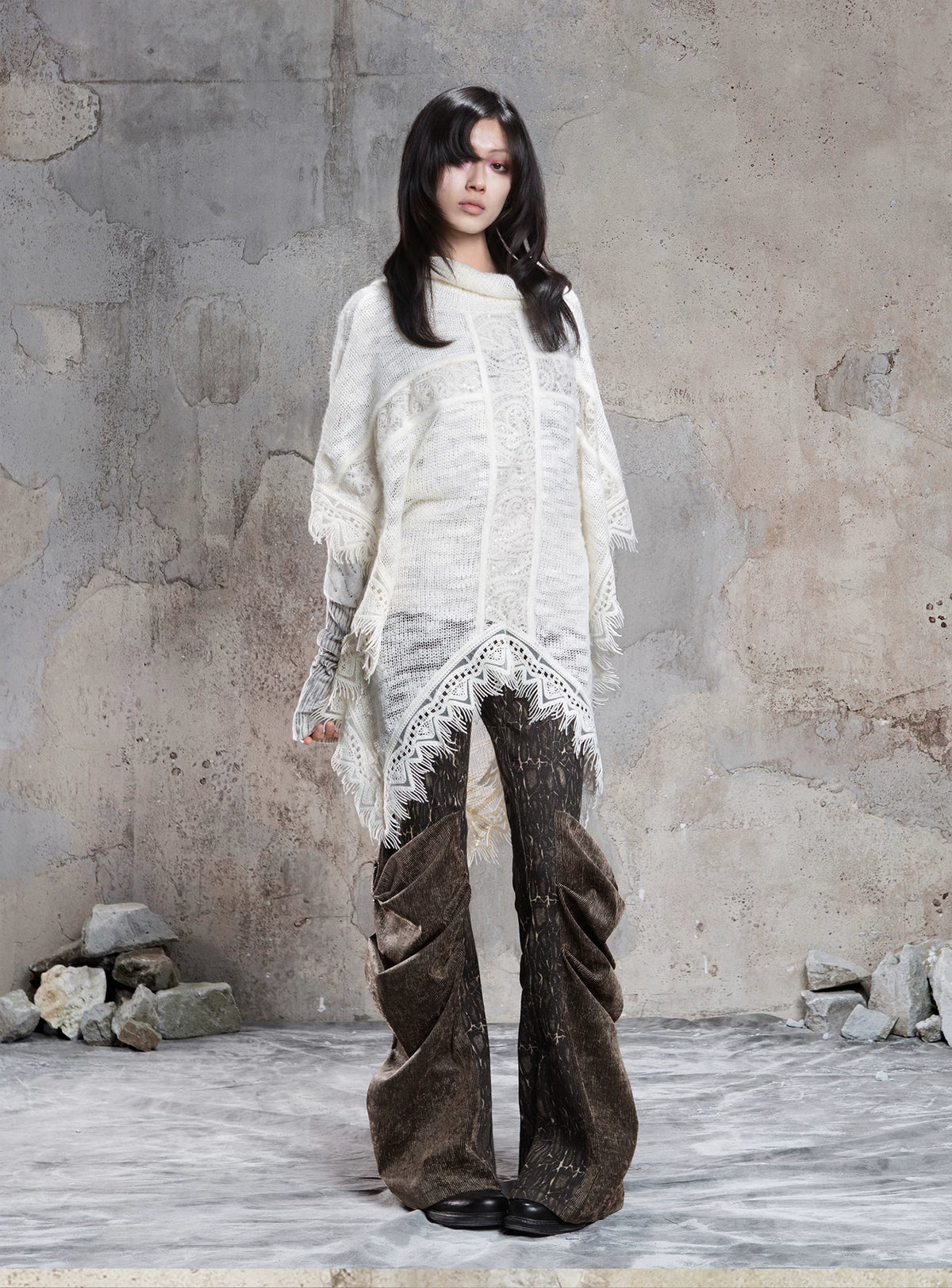Punk Cross Cape Asymmetric Fringe Knit Sweater