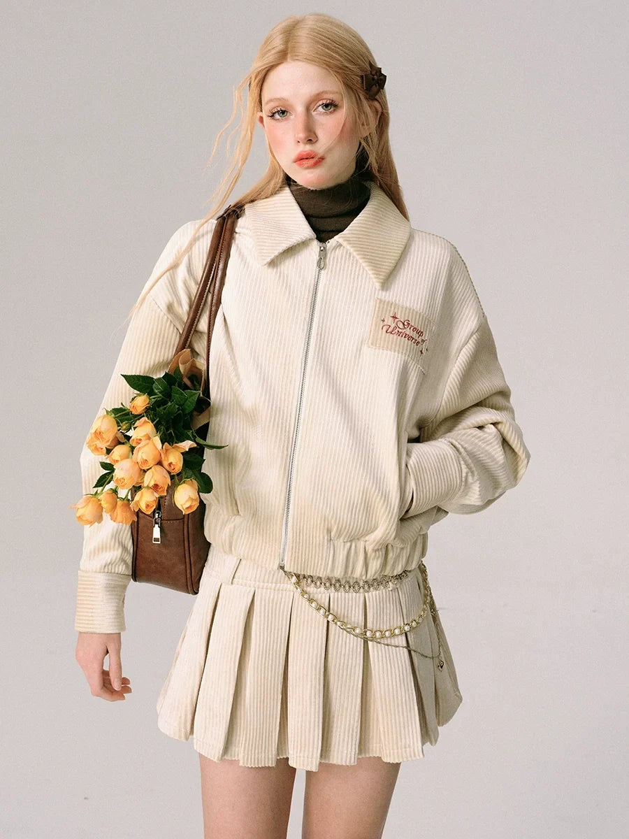 Velvet Collar Jacket & Long Skirt & Pleats Short Skirt Setup