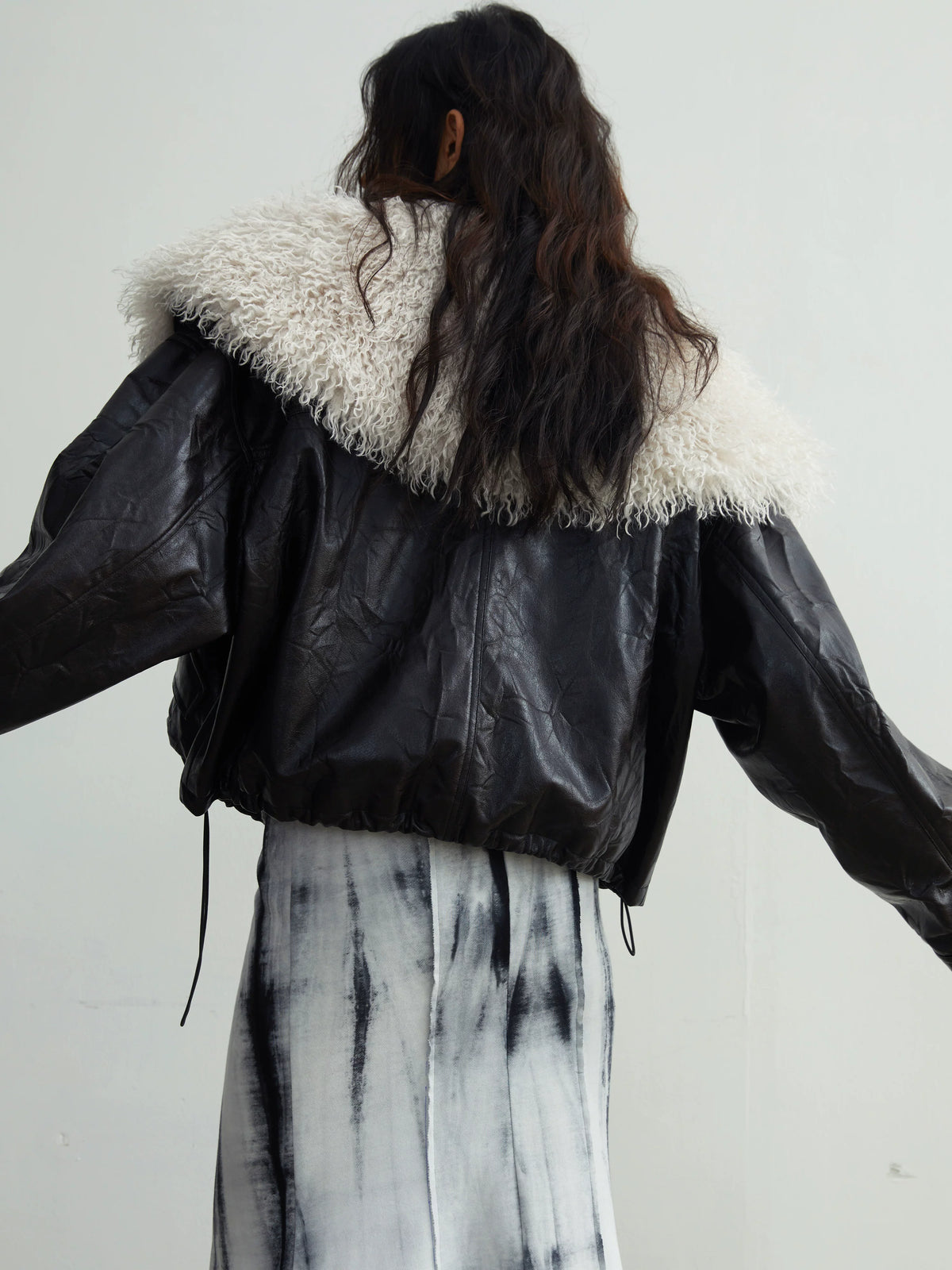 Detachable Large Fur Collar PU Leather Jacket