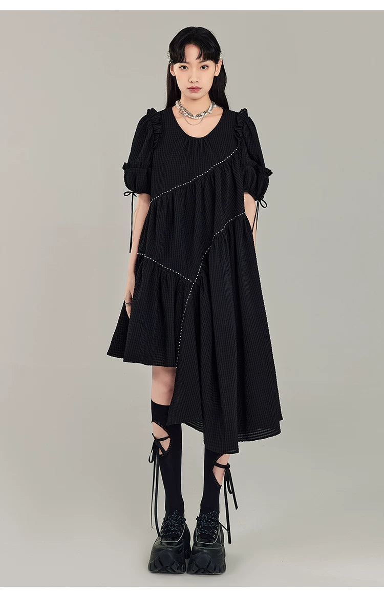 Jacquard Design Short Sleeve Dress With Irregular Hem Length