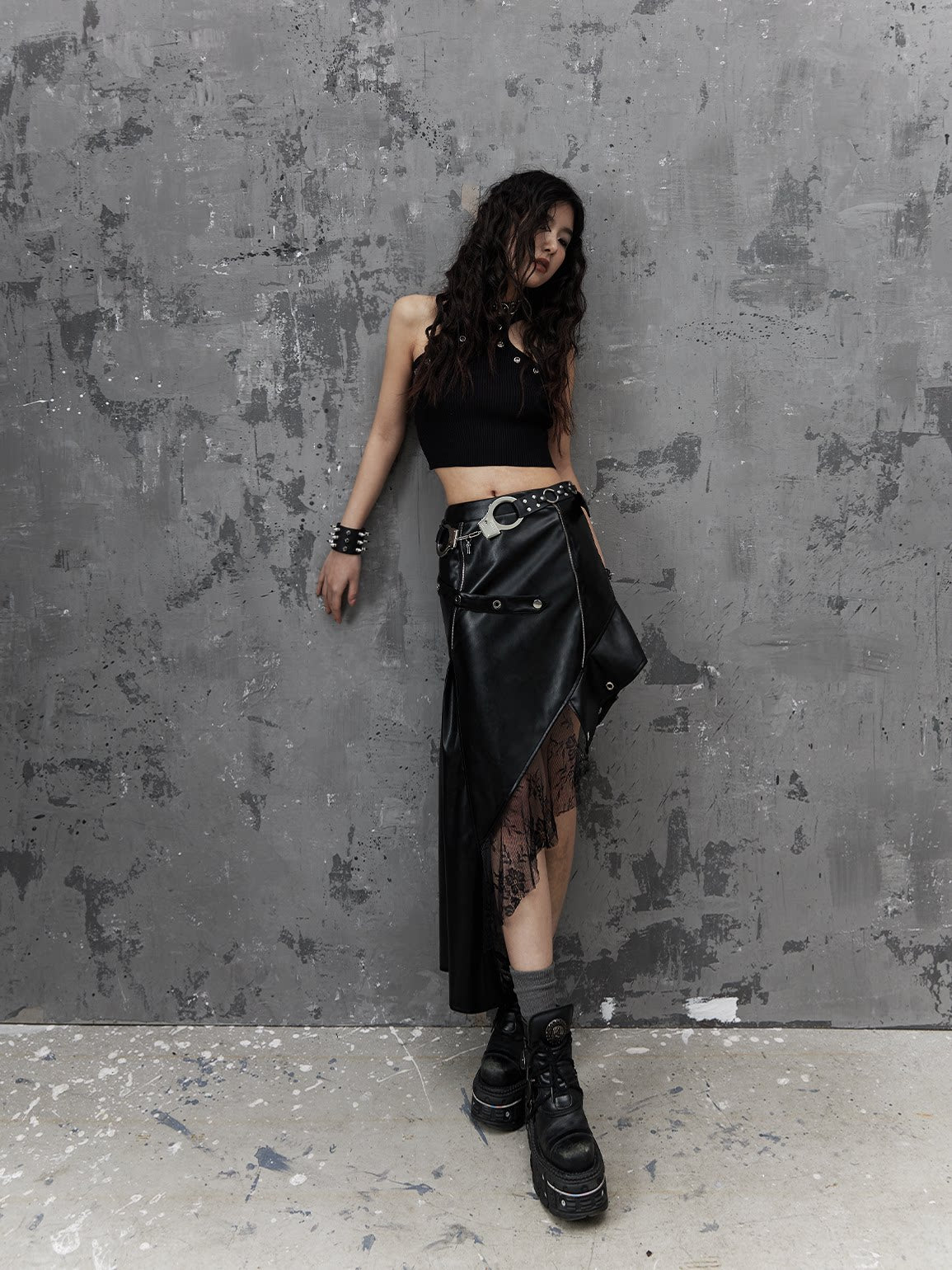 Asymmetric PU Leather Mesh Patchwork Skirt