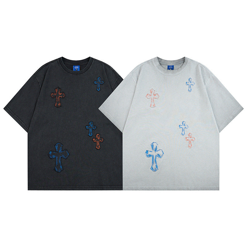 Washed Cross Applique Short Sleeve T-Shirt