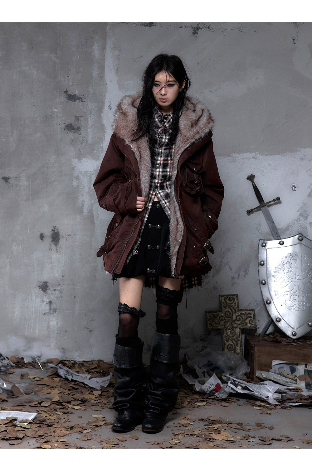Fake Fur Hooded Multi-Pocket Buckle Detail Jacket