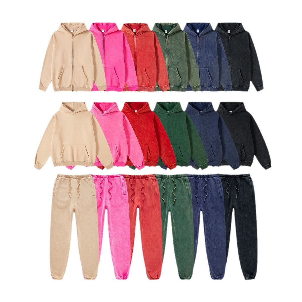 Oversize Fleece Lining Washed Zipper Hoodie & Pullover Hoodie & Pants Setup