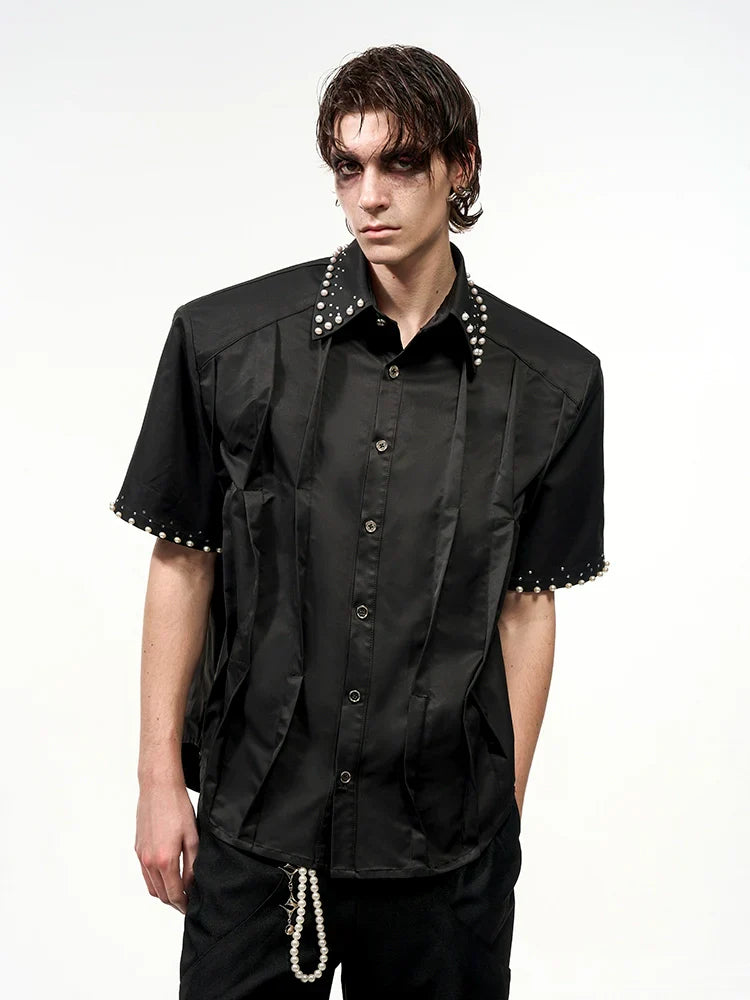 Rhinestone Pearl Pleats Short Sleeve Shirt