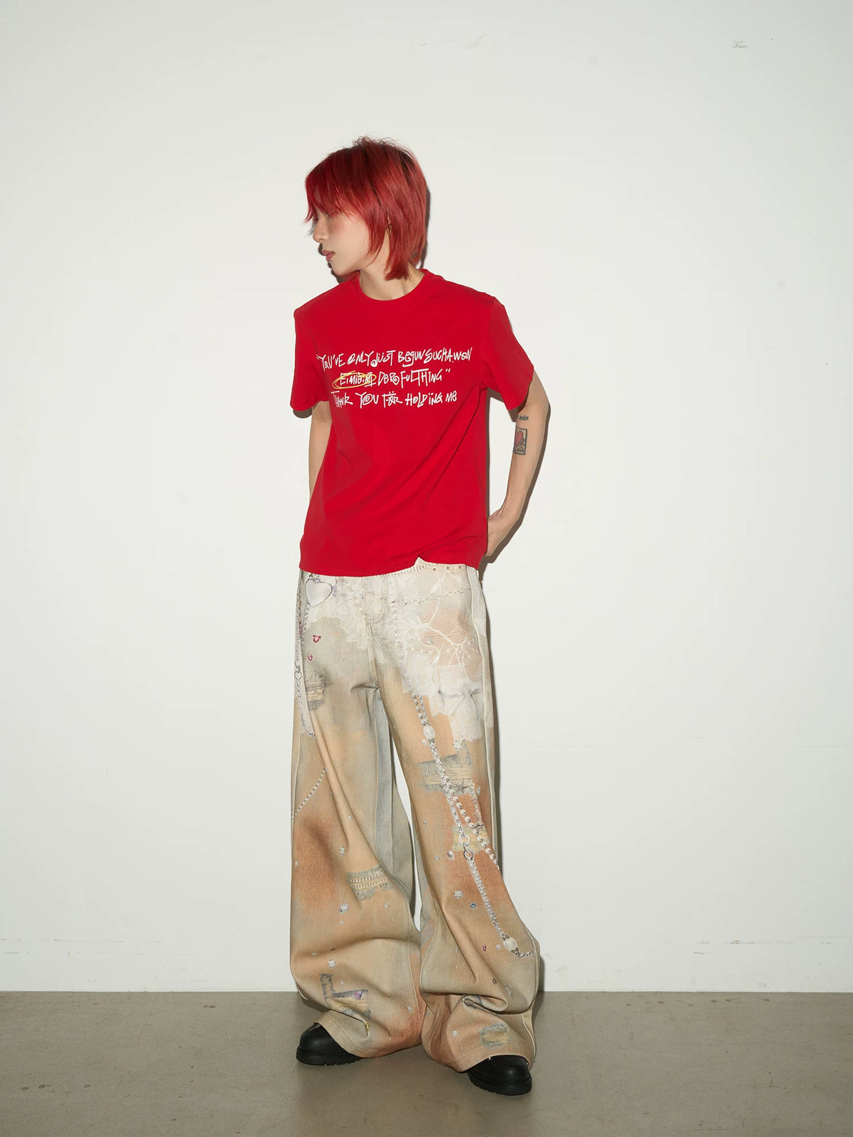 Digital Hand-Drawn Print Wide Leg Denim Jeans