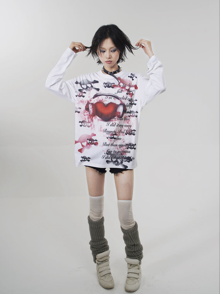 Heart Skull Print Long Sleeve T-Shirt