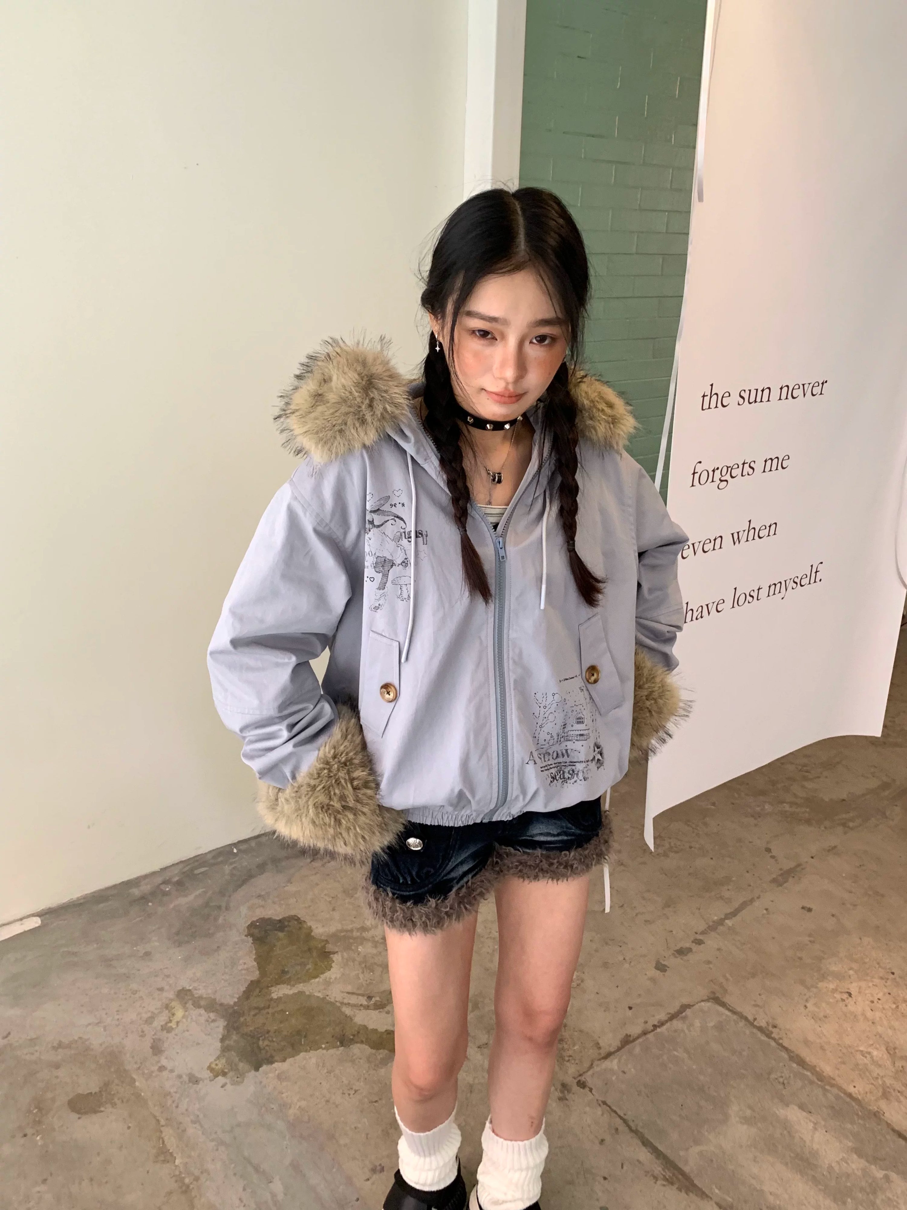 Fake Fur Trim Graphic Print Oversize Hooded Jacket