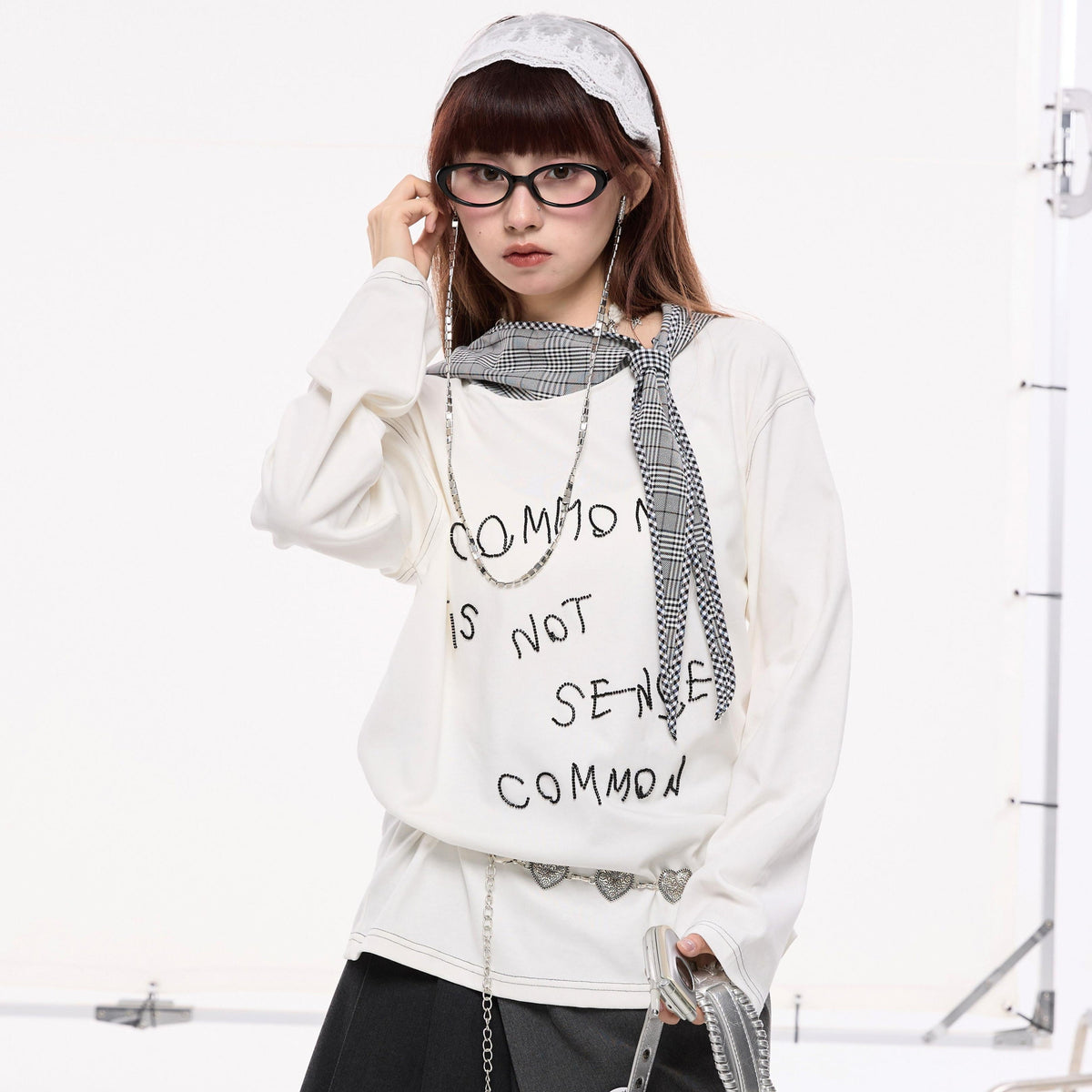 Beaded Letter Embroidery Plaid Hooded Oversize Long Sleeve T-Shirt