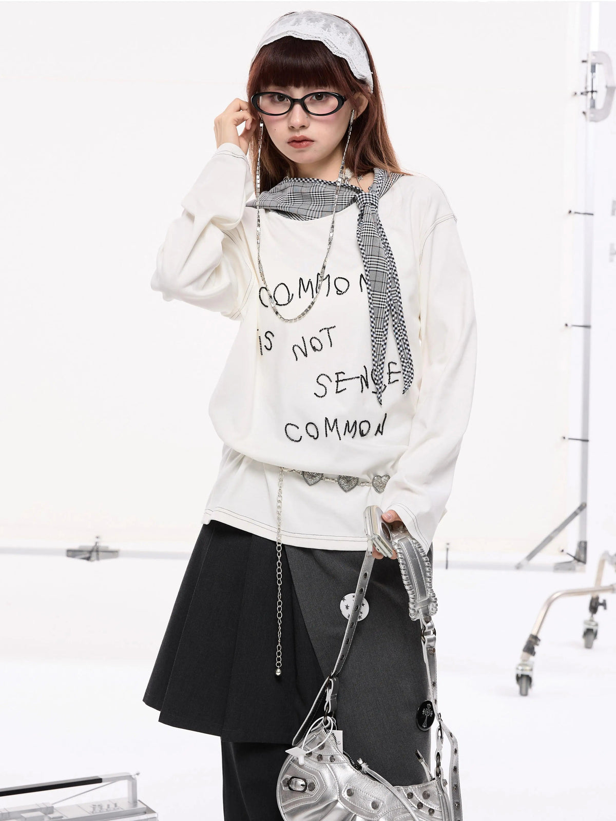 Beaded Letter Embroidery Plaid Hooded Oversize Long Sleeve T-Shirt
