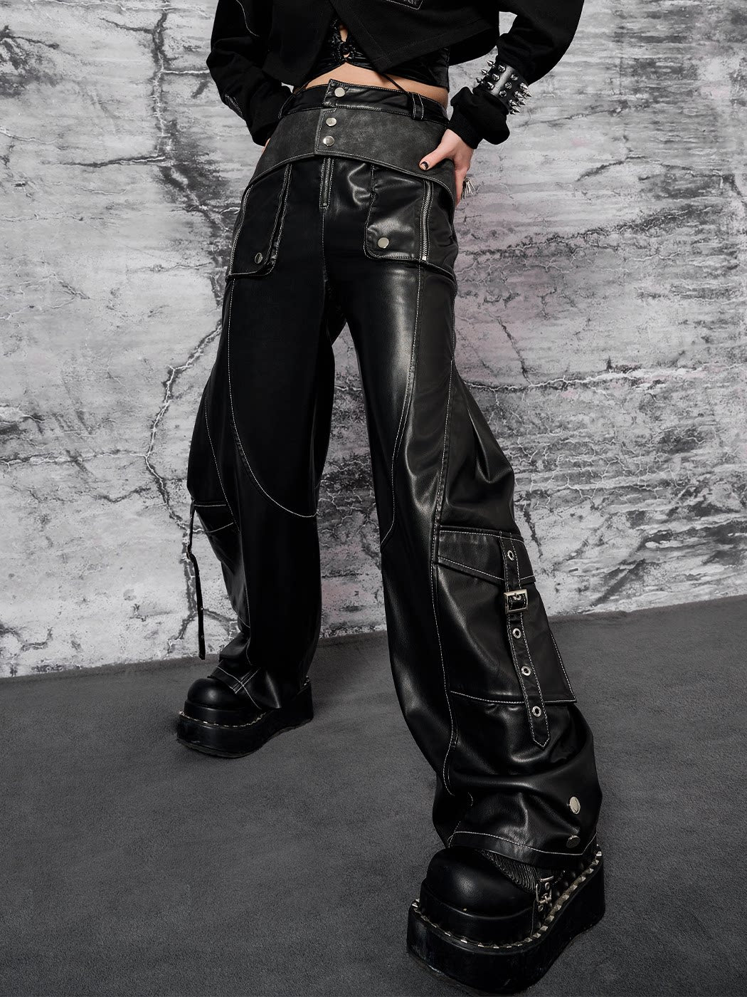 Metal-Embellished Straight-Leg PU Leather Cargo Pants