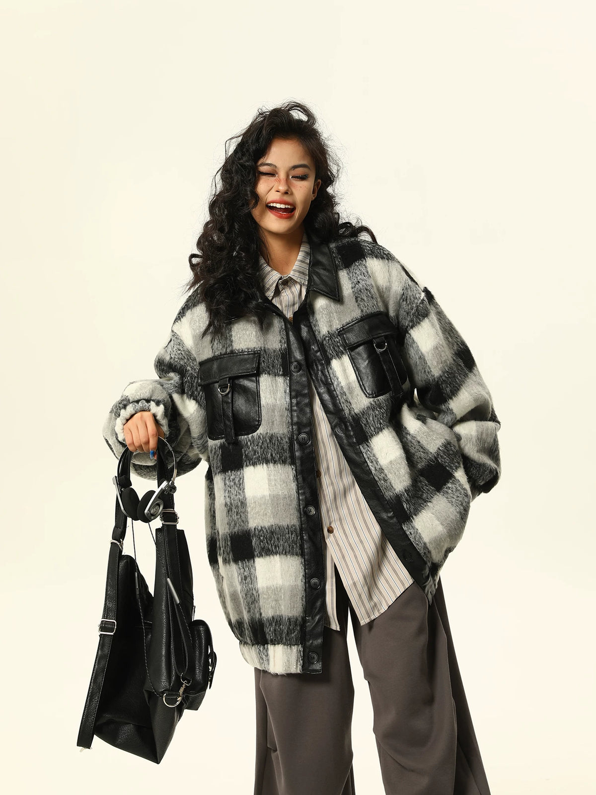 PU Leather Mix Woolen Plaid Jacket
