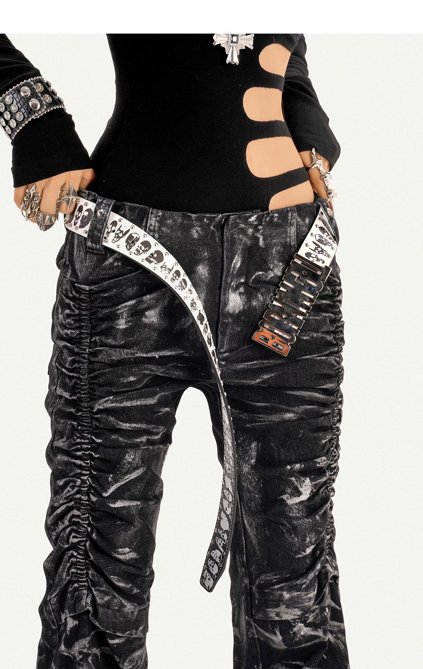 Lightning Print Deconstructed Pleats Flare Denim Jeans