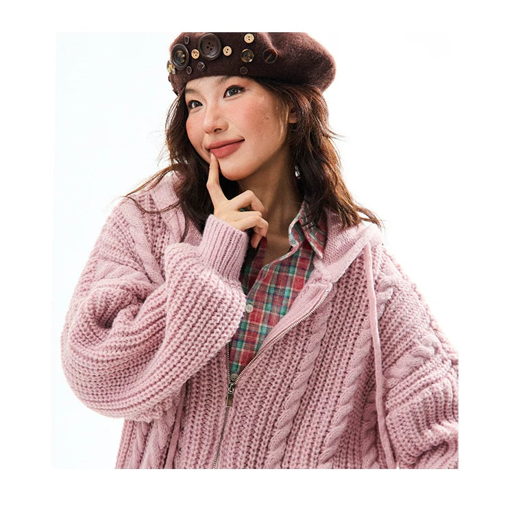 Chunky Knit Zipper Hooded Oversize Cardigan