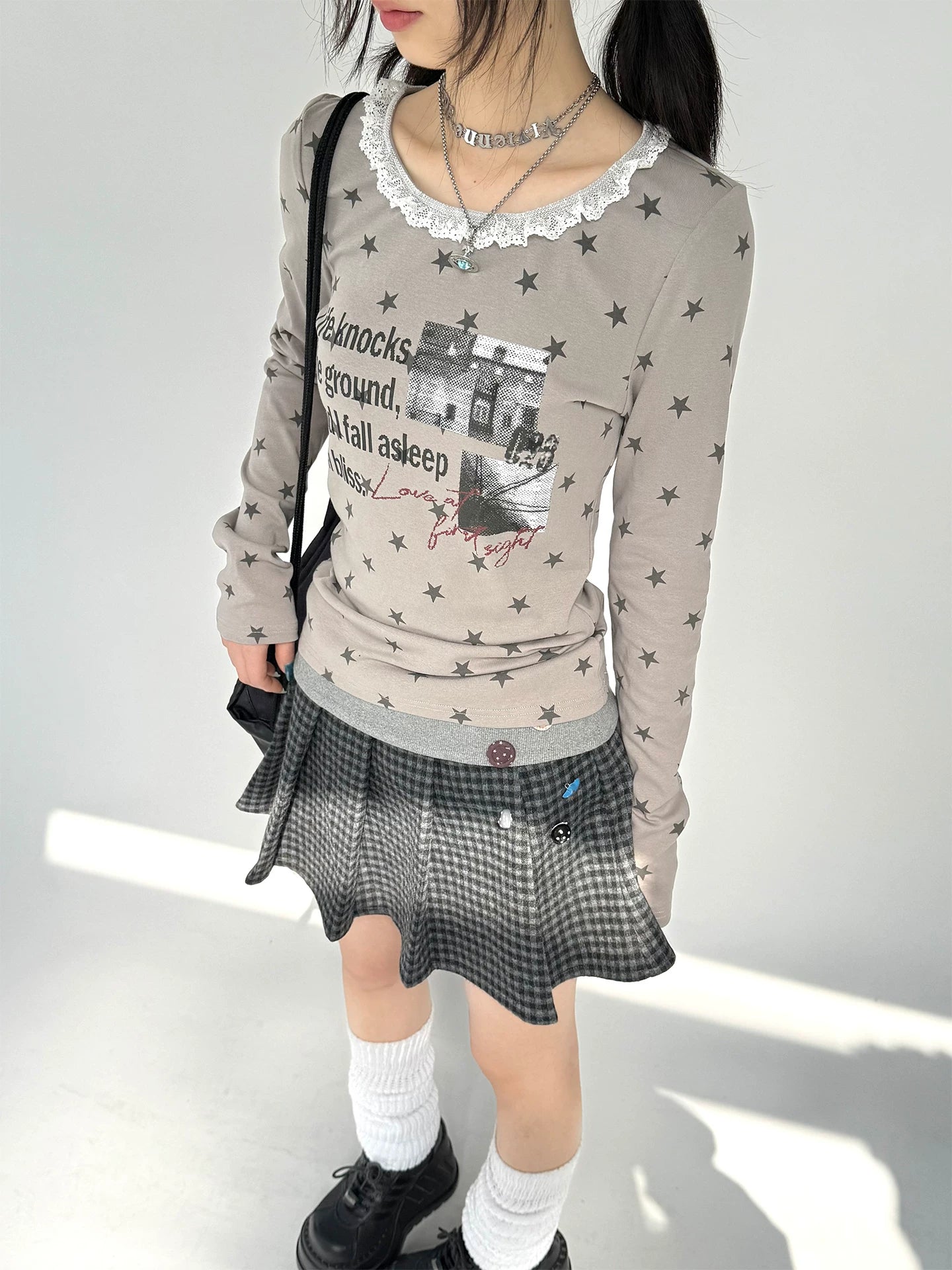 Star Print Lace Trim Fitted Long Sleeve T-Shirt