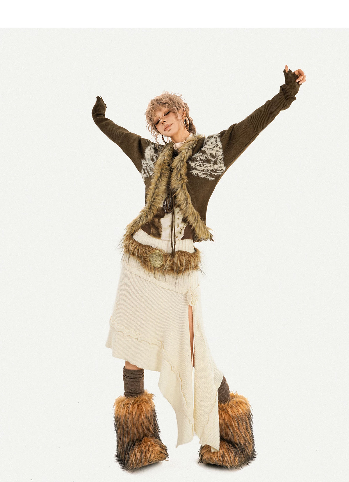 Original Design Batwing Sleeve Fake Fur Collar Knit Cardigan