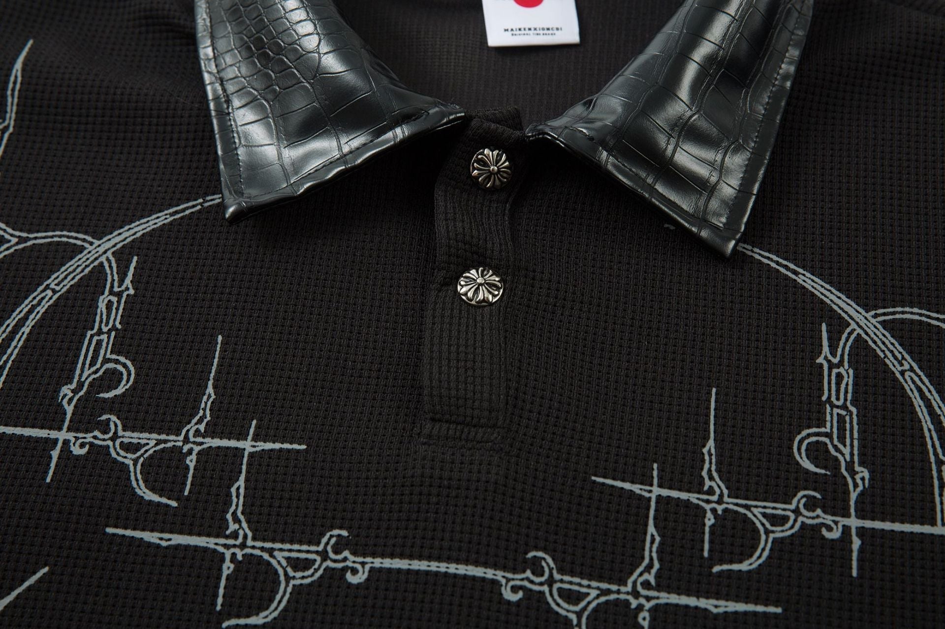 PU Leather Collar Thorn Print Fake Layered Long Sleeve Polo Shirt