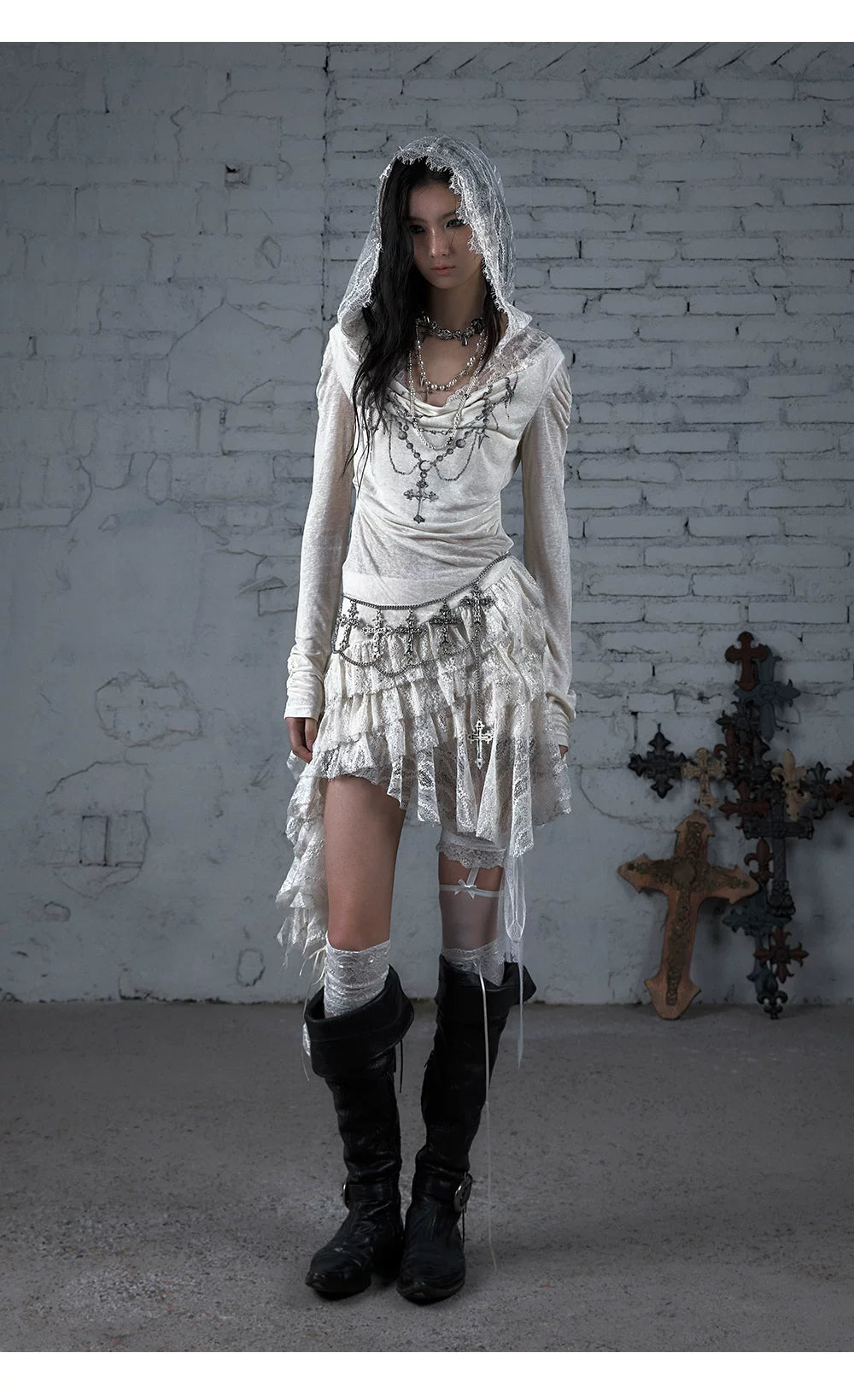 Lace Hooded Asymmetric Ruffle Dress