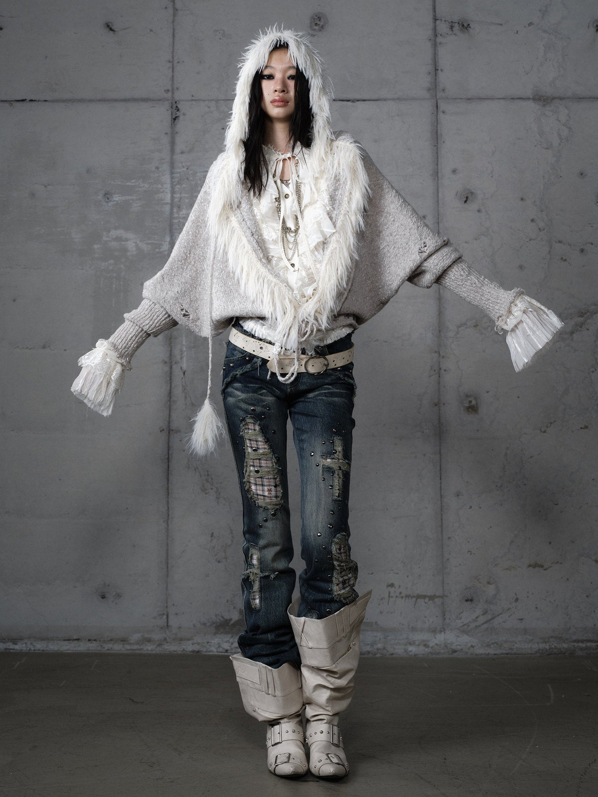 Fake Fur Trim Drawstring Oversize Knit Cardigan