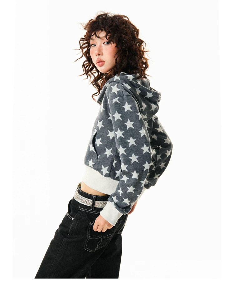 Star Print Cropped Zip-Up Hoodie