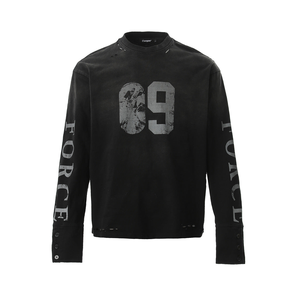 Washed Number Print Damage Long Sleeve T-Shirt