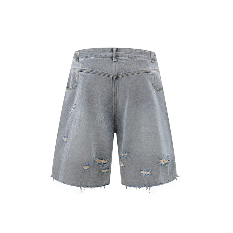 Washed Damage Wide Leg Denim Short Pants