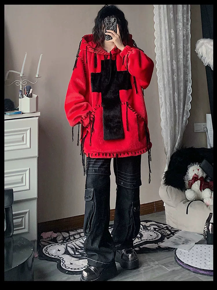 Fake Fur Hooded Cross Detail Hoodie