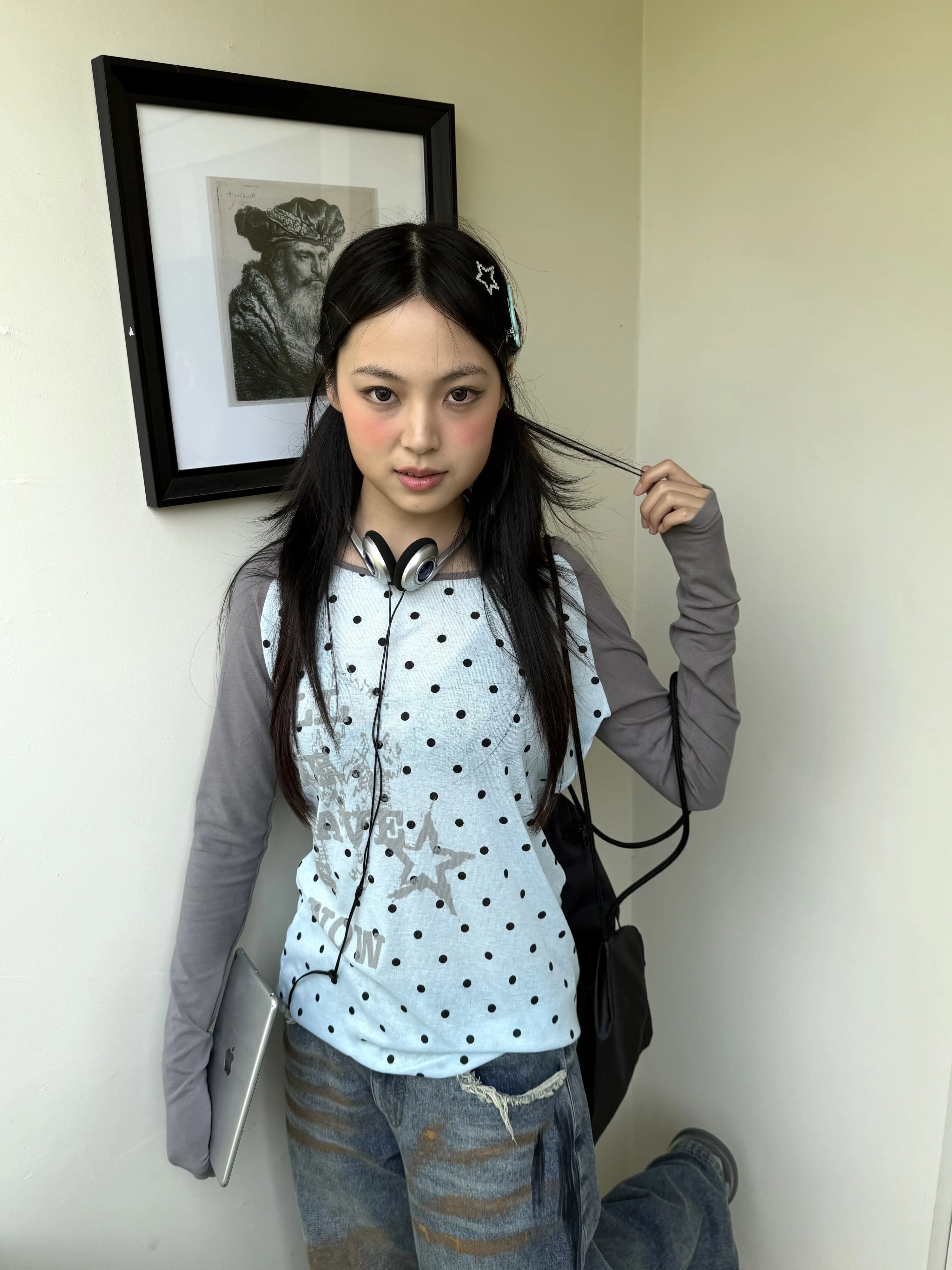 Polka Dot Letter Print Fake Layered Fitted Long Sleeve T-Shirt