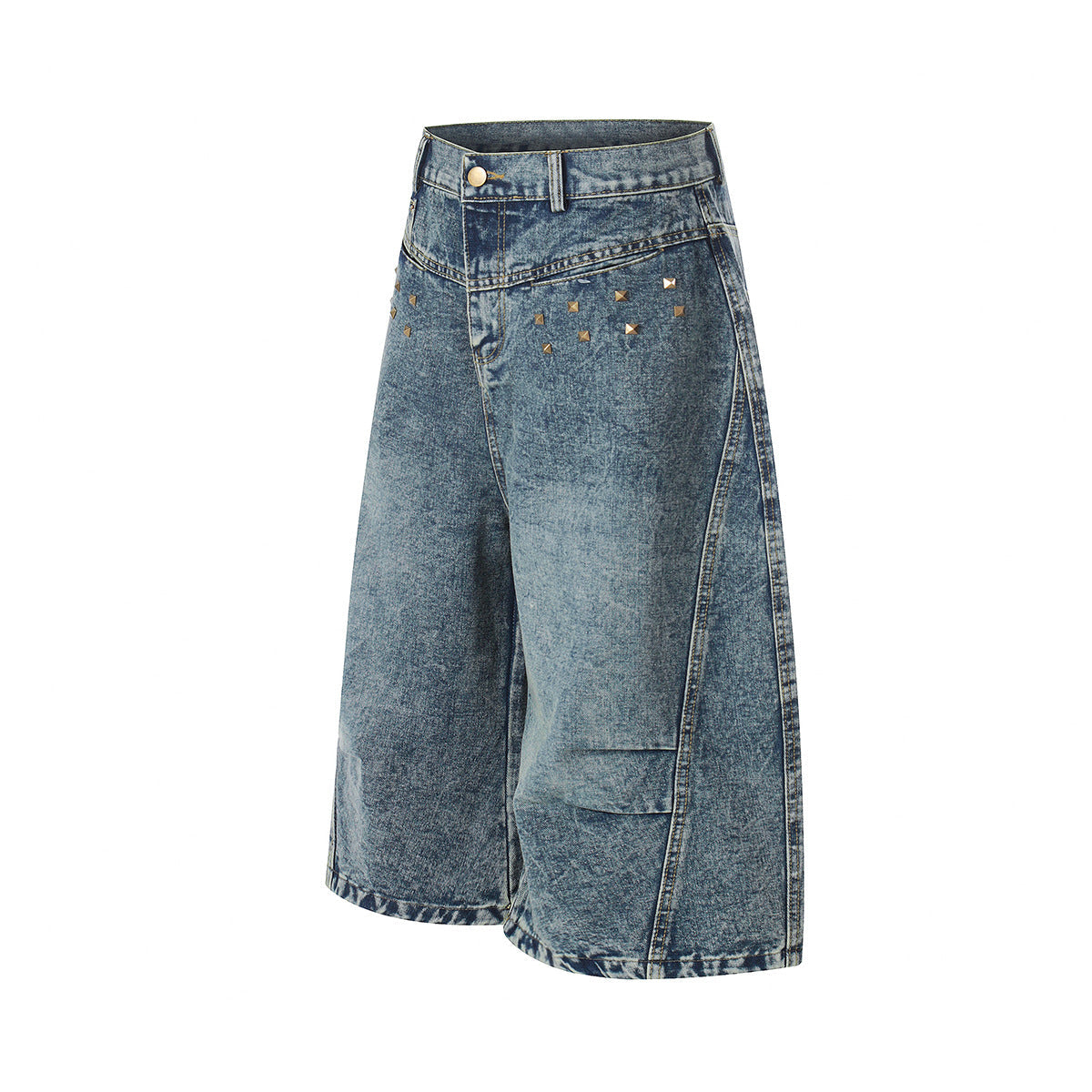 Washed Studs Panel Cropped Denim Jort