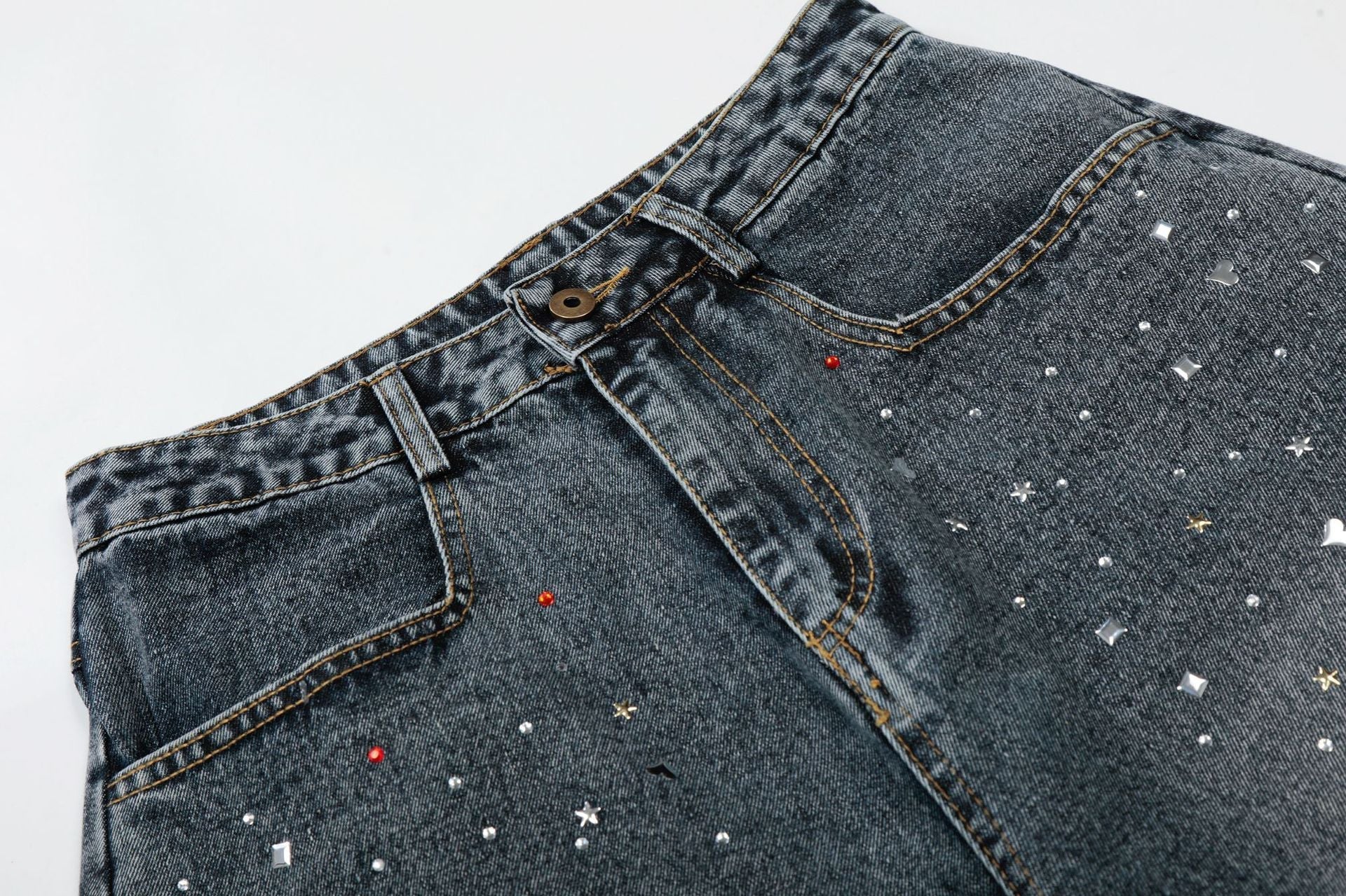 Washed Rhinestone Denim Wide Leg Jort