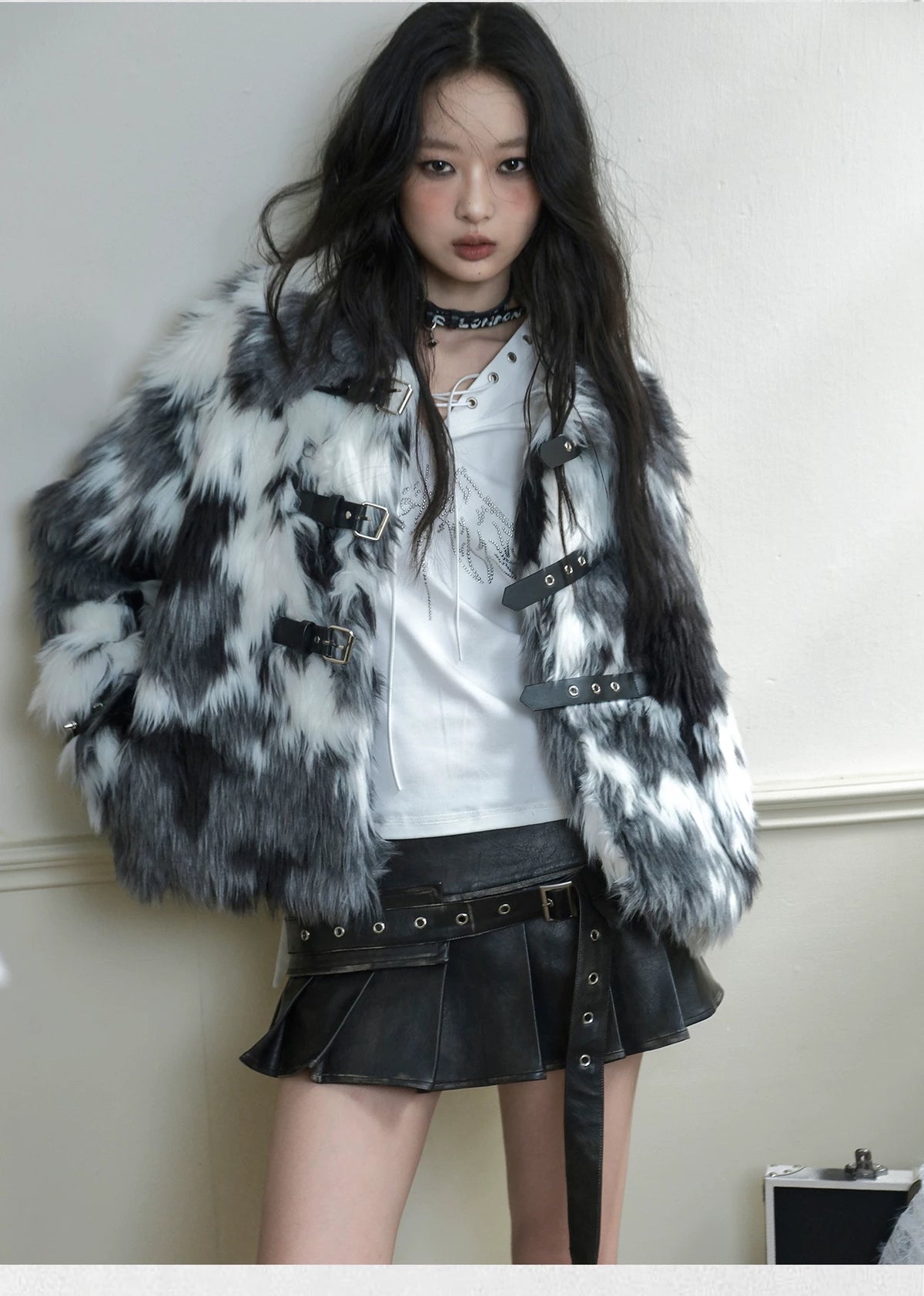 Studded Black And White Fake Fur Short Jacket