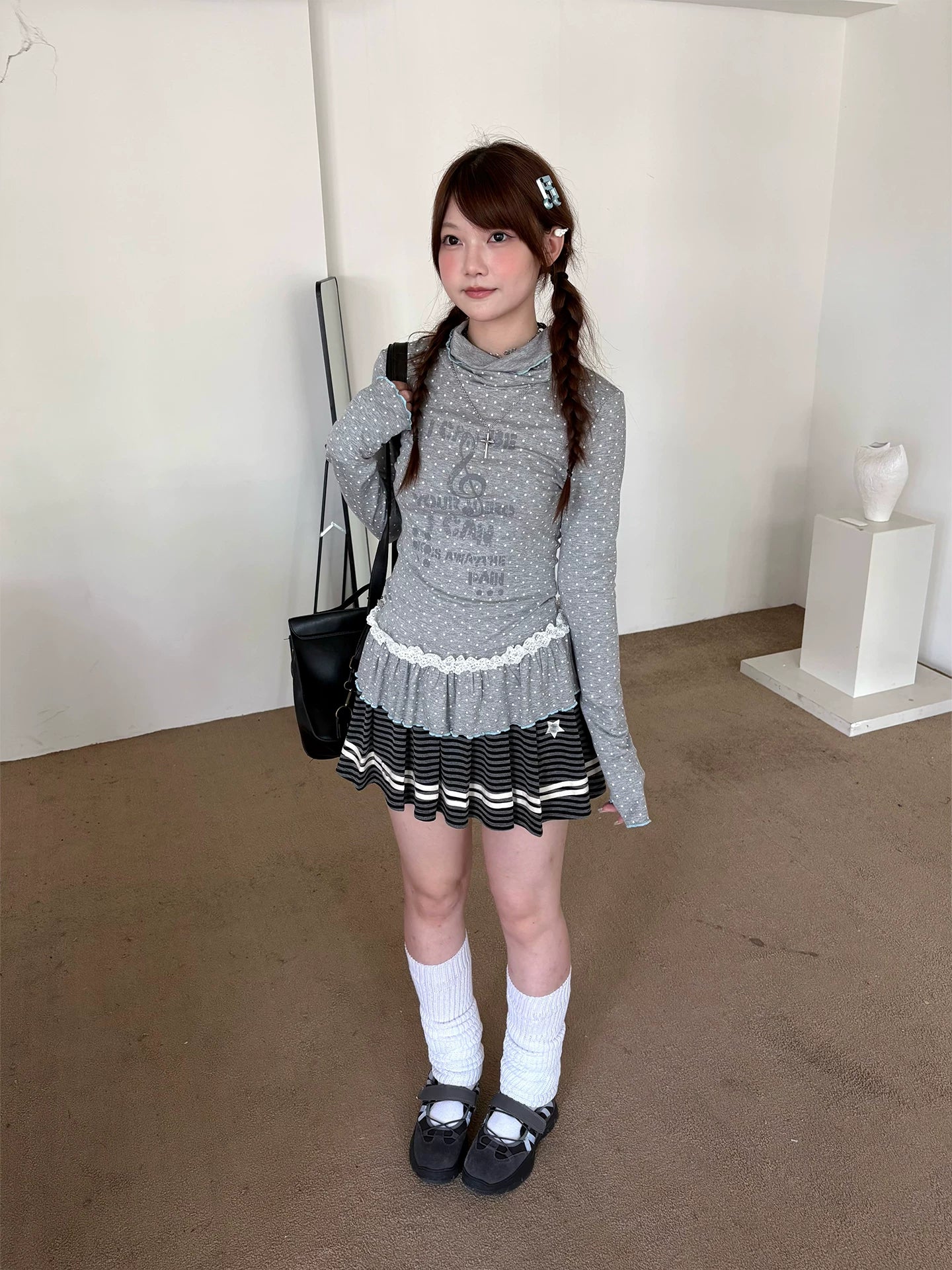 Polka Dot Lace High-Neck Long Sleeve T-Shirt