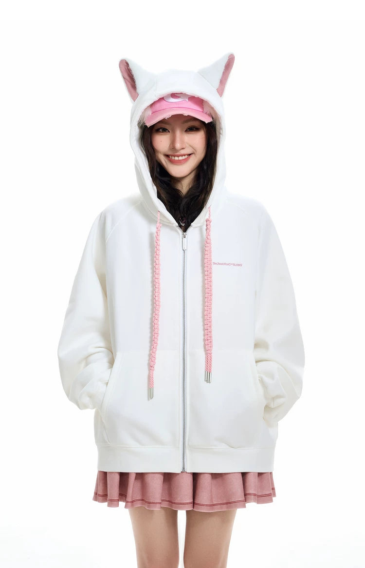 Ear Fleece Oversize Zipper Hoodie