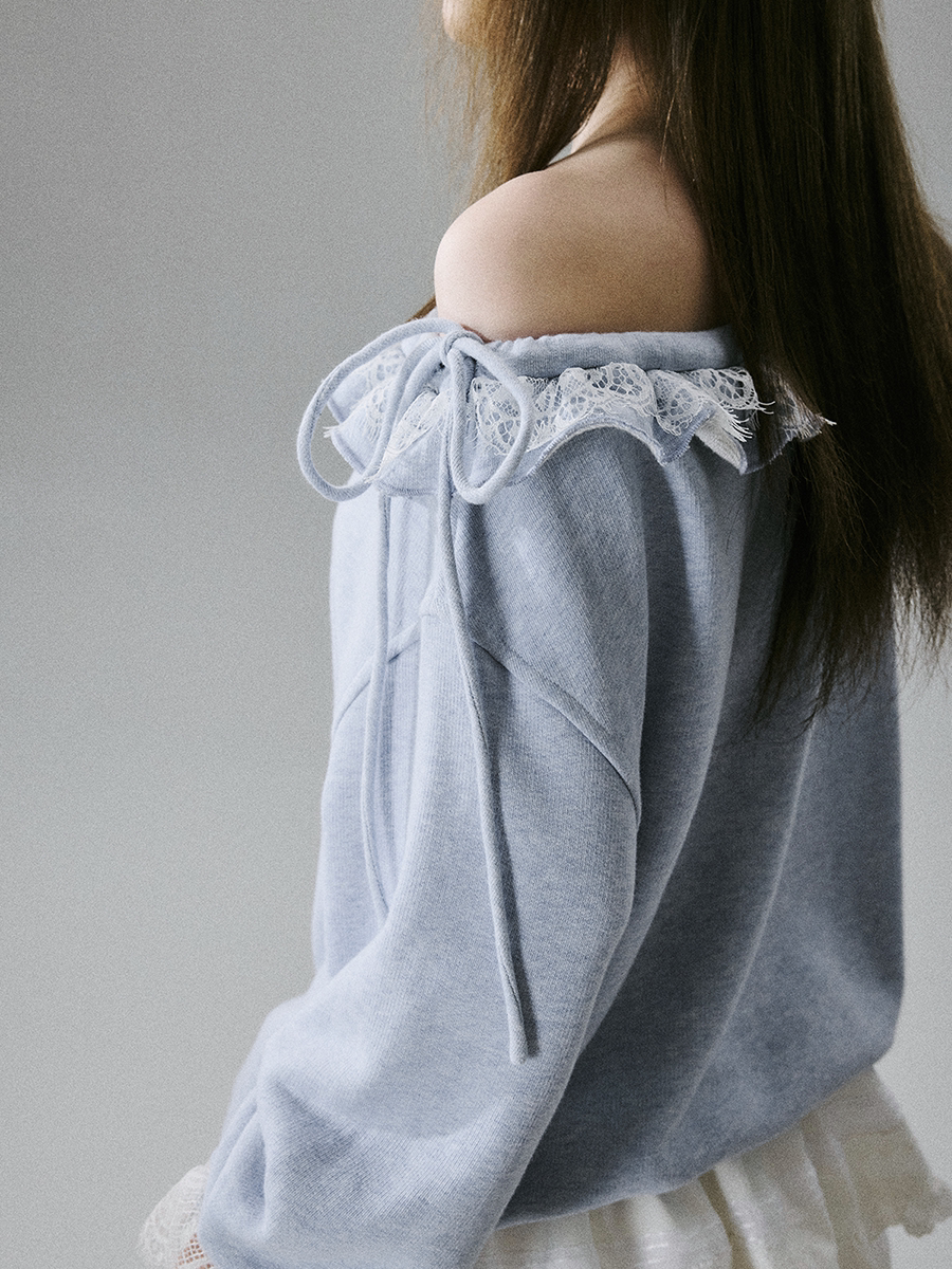 Off-Shoulder Lace Trim Sweatshirt