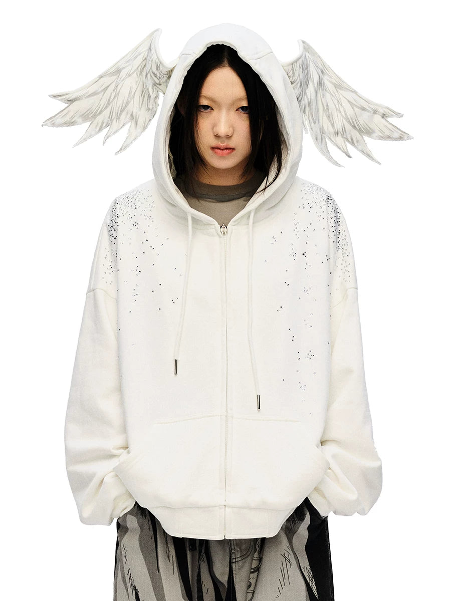 Sweat à capuche zippé avec ange en strass