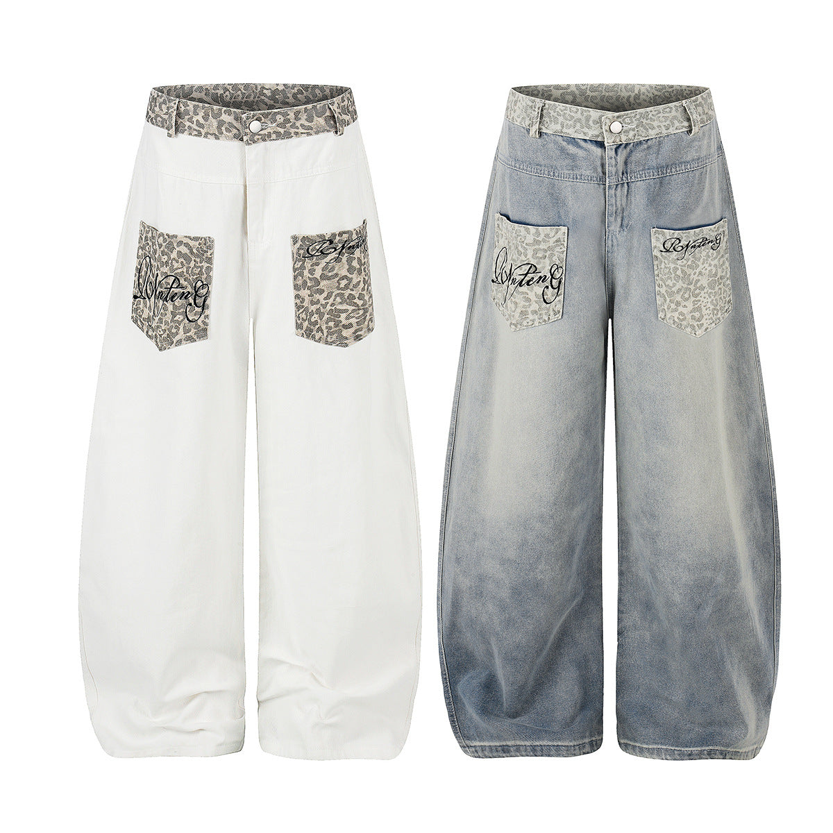 Leopard Print Curved Wide Leg Denim Jeans