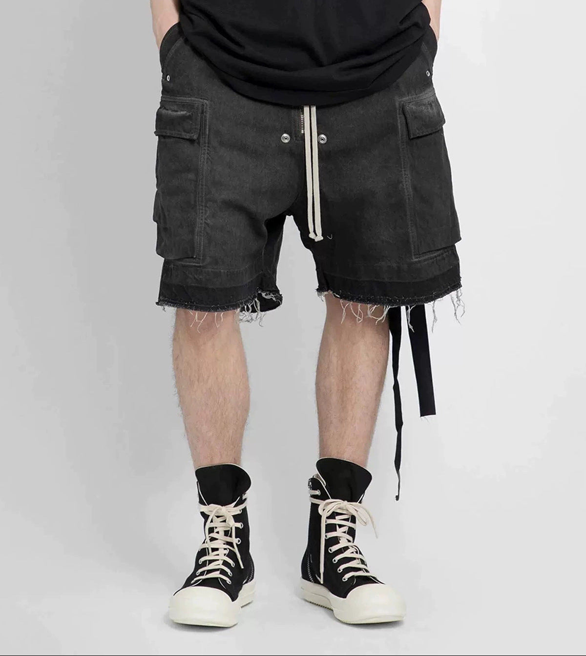 Drawstring Cargo Damage Denim Jort