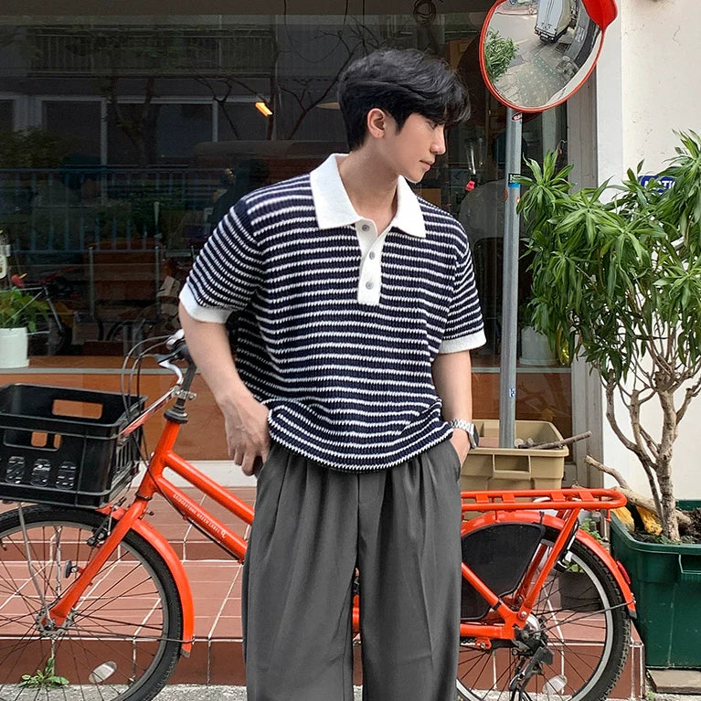Colorblock Stripe Knit Short Sleeve Polo Shirt