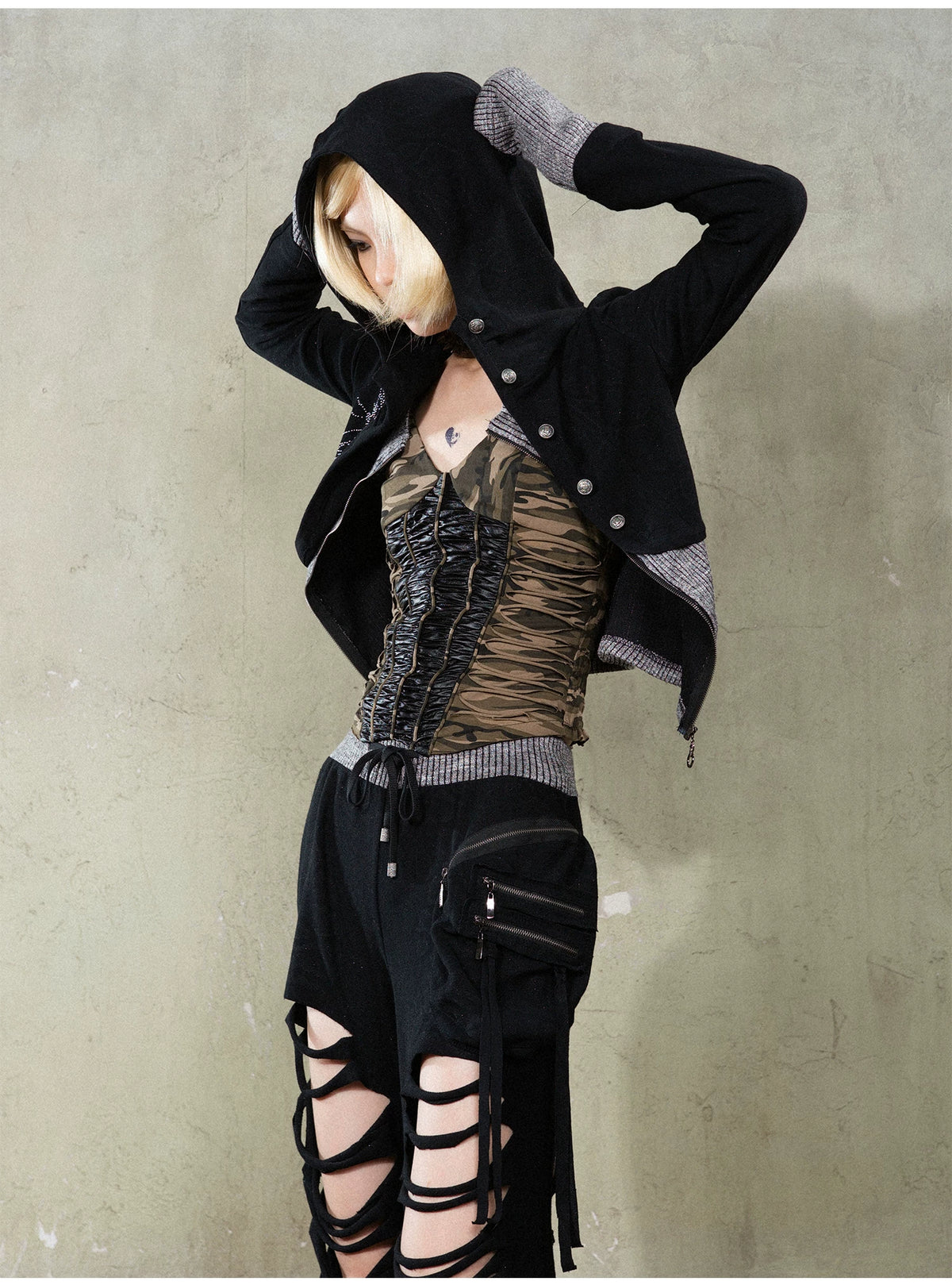 Fake Layered Long Sleeve Hooded Knit Cardigan