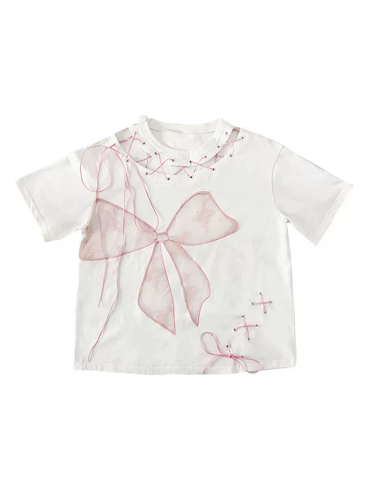 Lace Bow Hollow-Out Tie-Strap Short Sleeve T-Shirt