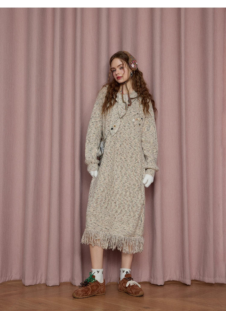 Robe longue ample à manches longues en maille avec capuche