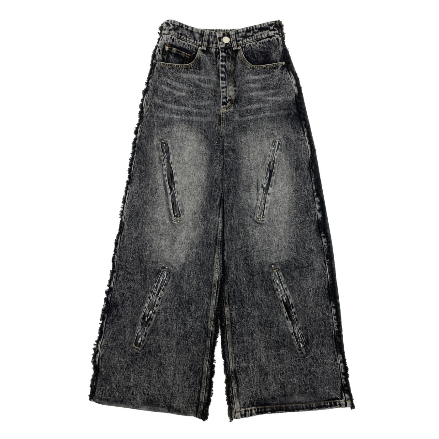 Washed Fray Zipper Detail Wide Leg Denim Jeans